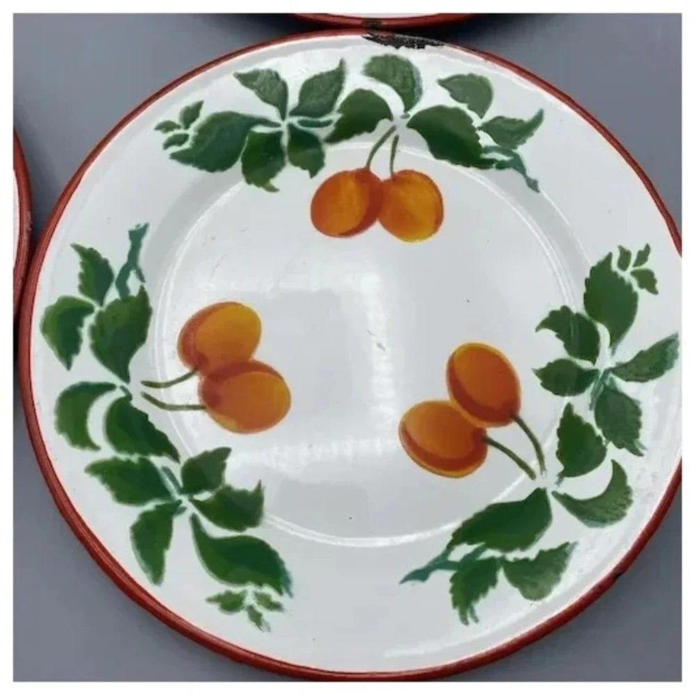 Distressed Vintage Huta Silesia Plates Poland Enamelware Fruit 4pcs
